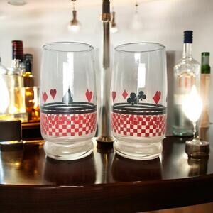 2 Vintage Clear Glass Red Black Card Suits Glasses Drinkware Bar MCM 1950s